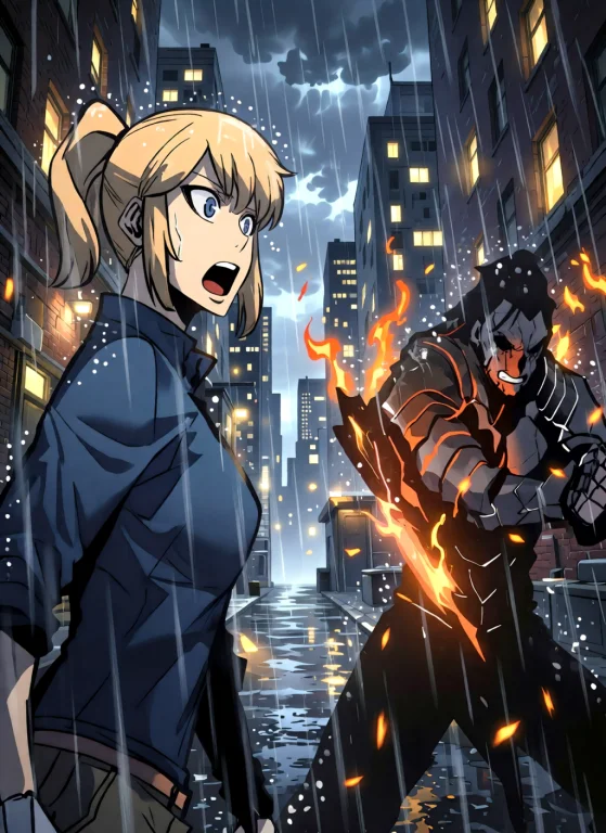 A Determined Blonde Woman With A High Ponytail And Wide Blue...