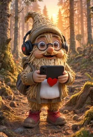 Straw Gnome Selfie in Forest — SDXL AI Prompt: A gnome, made of straw, looking surprised, wearing heart-shaped glasses, wearing...