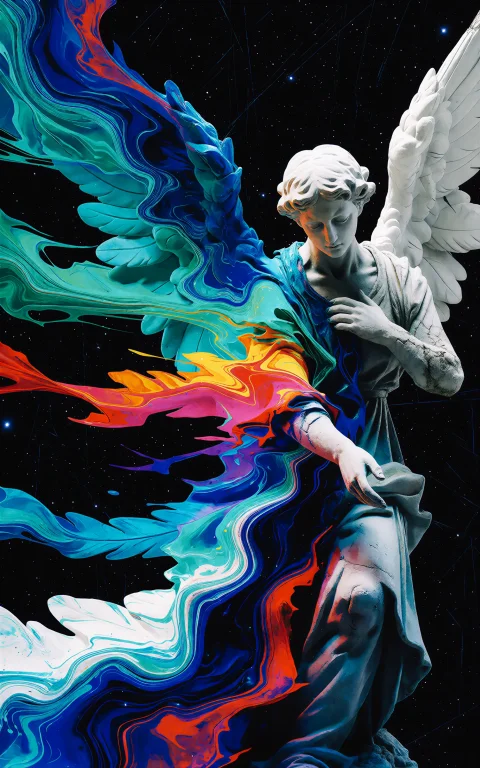 A Mournful Celestial Angel Statue Drifting Through A Black S...