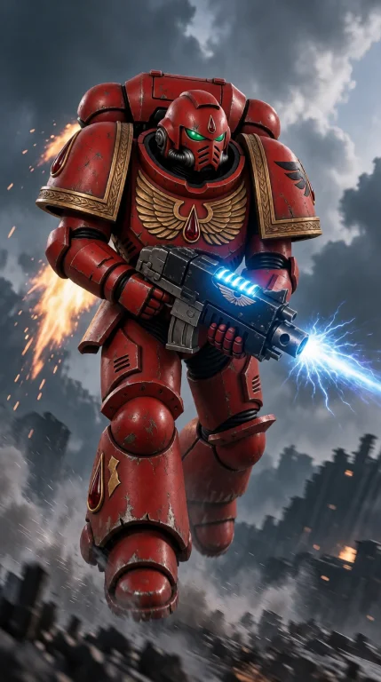 A Helmeted Blo0da40k Warrior With A Glowing Blue Energy Gun...
