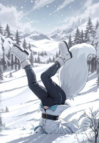 Upside-down, Fox Dives Headfirst Into Snow Meme, Arctic Fox... — Stable Diffusion AI Prompt: upside-down, fox dives headfirst into snow (meme), arctic fox girl, solo, white...