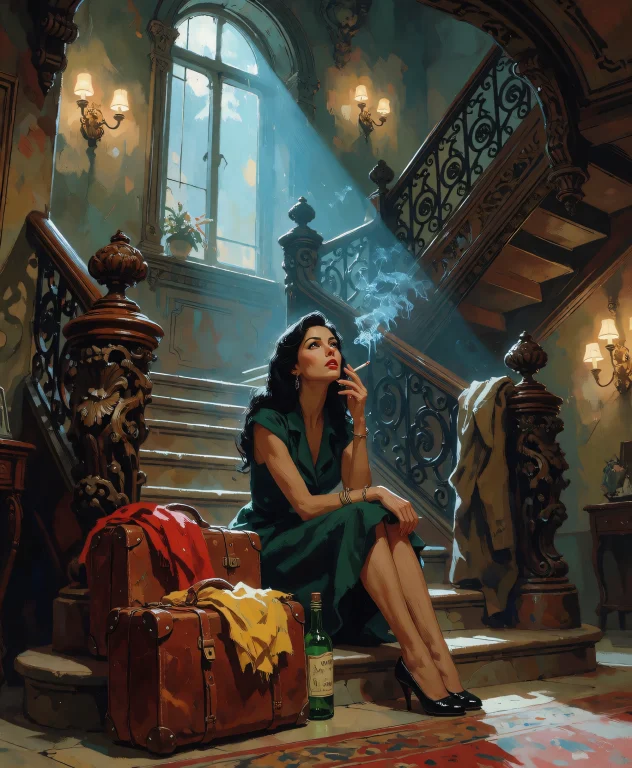 A Woman With Long Dark Hair, Wearing A Dark Green Sleeveless...