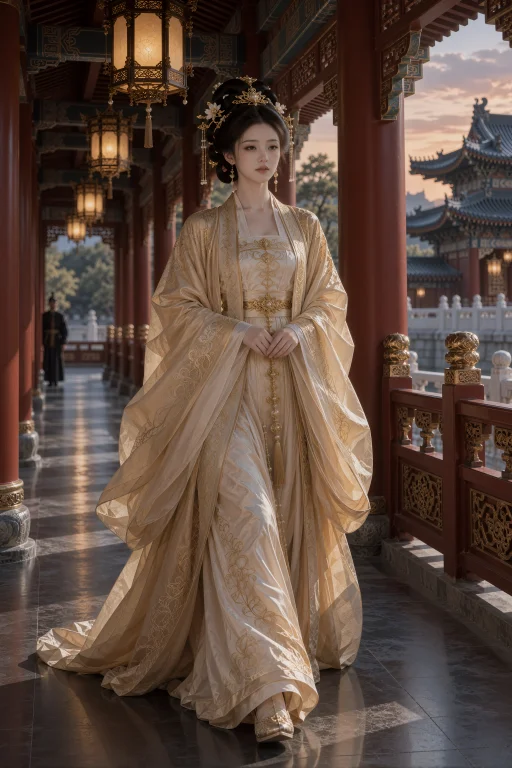 暮色宫殿回廊中，一名年轻尊贵女子穿浅金色礼服缓步前行，右脚迈...