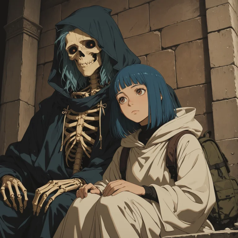 Mcht2, 1girl, Blue Hair, Sitting, Hood, 1boy, Brown Eyes, Ha...
