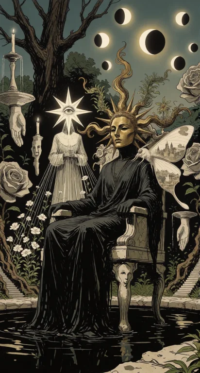 In An Enormous Abandoned Garden At Twilight, Sun Man Sits Si...