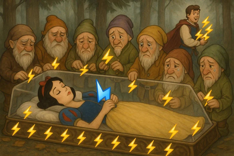 Snow White Is Lying In A Glass Coffin Decorated With Small Y...