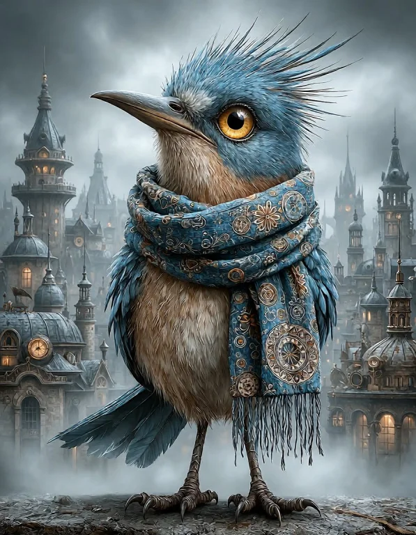 A Digital Artwork Depicting A Stylized Bluebird With A Human...