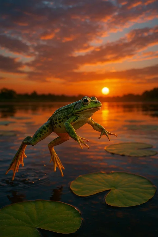 A Frog Jumping From A Lily Pad To Another Lily Pad On A Sunn...