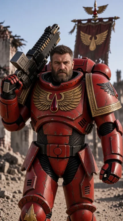 Photograph Of A Rugged Bearded Man In Blo0da40k Armor. He Ca...