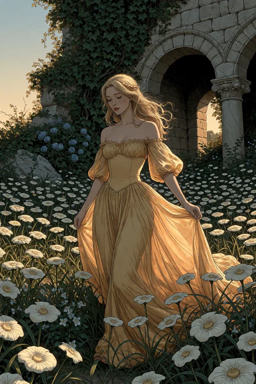Gr4venbloom, Woman In An Elaborate Golden-yellow Gown Walkin...