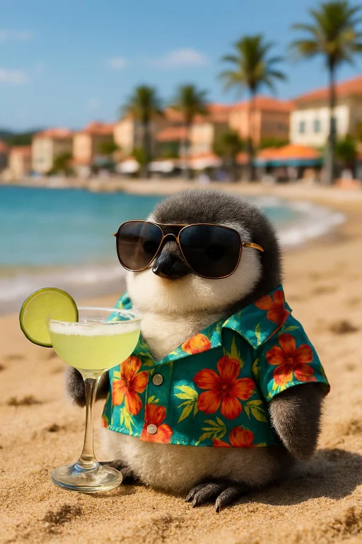 Generate Me A Tiny Cute Fluffy Penguin With A Hawaiian Shirt...