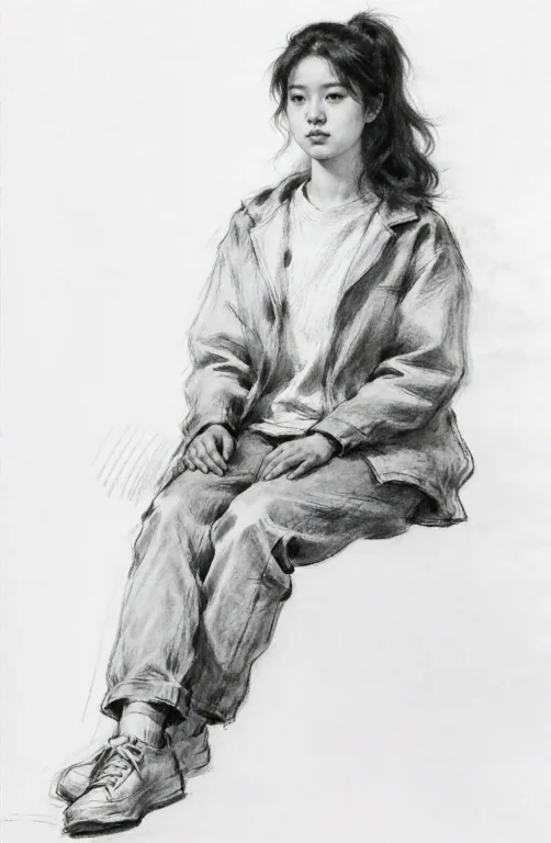 Sketchportrait, Solo, Realistic, Monochrome, Greyscale, Sitt...