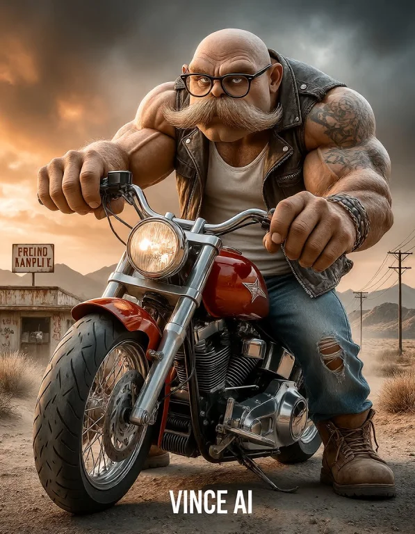 Grumplax Standing Beside A Massive Custom Motorcycle, Trying...