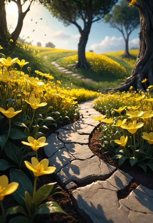 A Path Of Curves Is Projected Into A Field Of Small Yellow F...