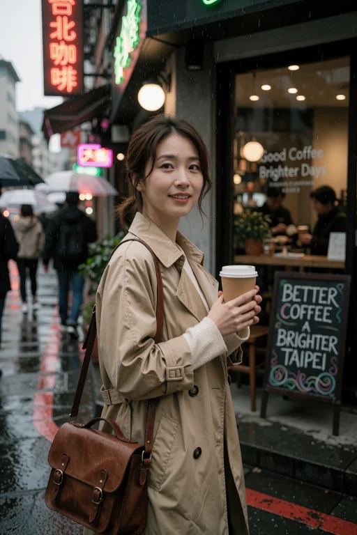 A Taiwanese Woman Stands On A Rain-slicked Urban Street Corn...