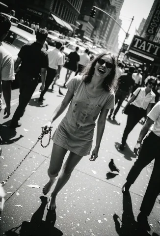 Dynamic Garry Winogrand Street Photo — Stable Diffusion AI Prompt: A dynamic, tilted-frame candid street shot in the energetic style of Garry Winog...