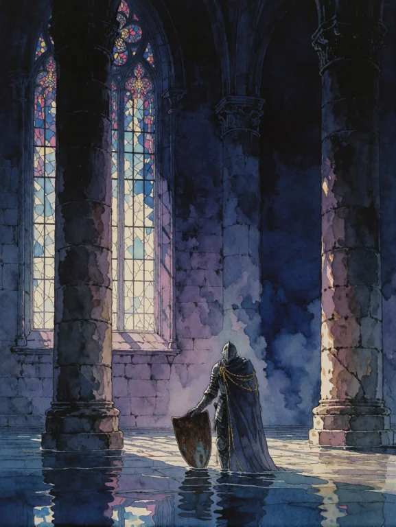 A Solitary Armored Knight Standing Motionless In A Vast Floo...