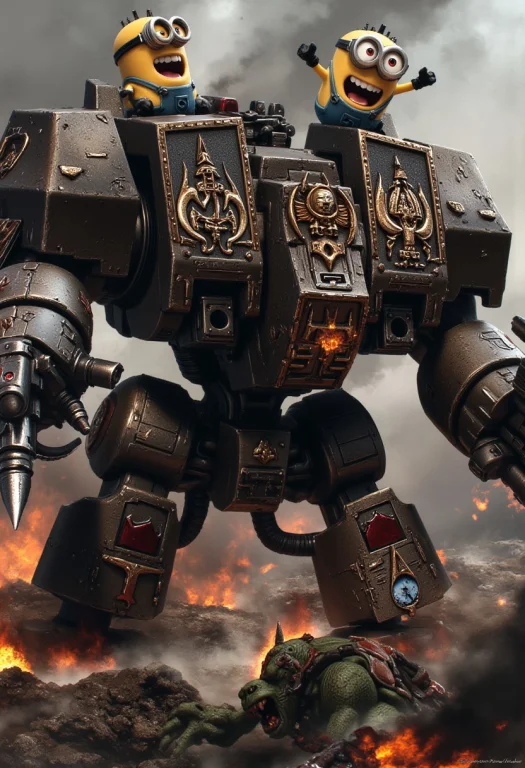 A Warhammer 40k Dreadnought Stands In The Midst Of A Battlef...