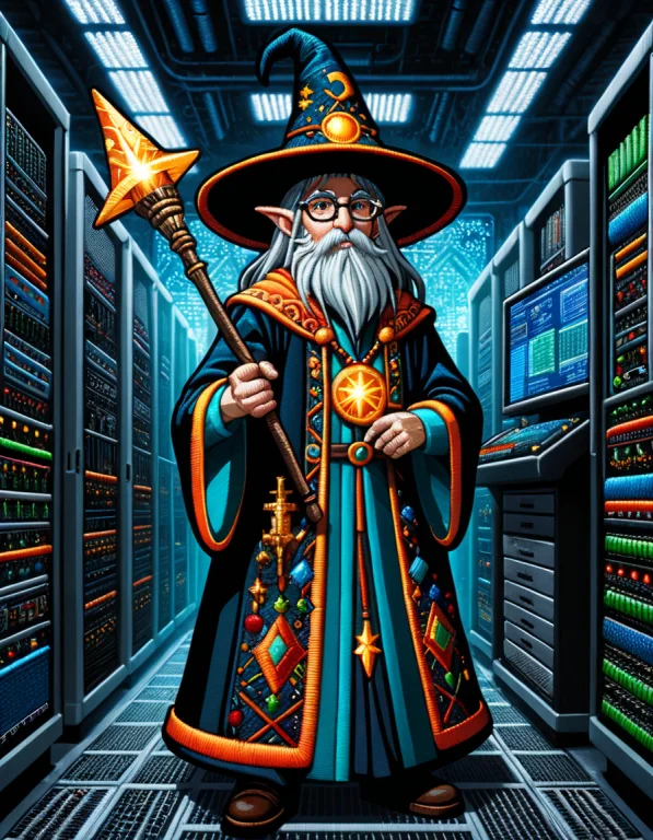 A Wizard In A Pointy Hat Holding A Wand In A Massive Compute...
