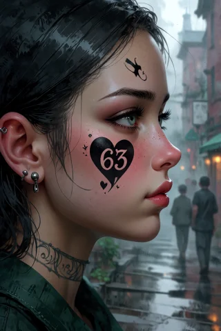 , A Heart 63 Tattoo On Left Cheek, But As They Eventually St... — Stable Diffusion AI Prompt: , a heart "63" tattoo on left cheek, But as they eventually stepped back out int...