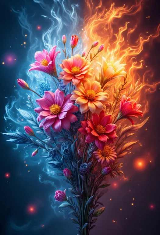 A Flowers Bouquet From Ice And Flames Of Fire, Detailmaximiz...