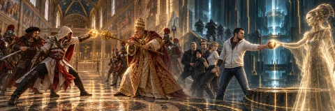 Assassins Creed Inspired Art. Ezio Auditore Da Firenze And D... — Stable Diffusion AI Prompt: Assassin's Creed inspired art. Ezio Auditore da Firenze and Desmond Miles, diffe...