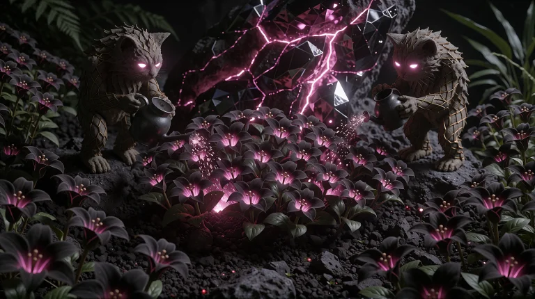 A Dark Volcanic Garden Lit By Veins Of Glowing Magenta Cryst...