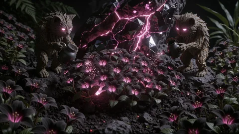A Dark Volcanic Garden Lit By Veins Of Glowing Magenta Cryst... — Stable Diffusion AI Prompt: A dark volcanic garden lit by veins of glowing magenta crystal, tended by small...