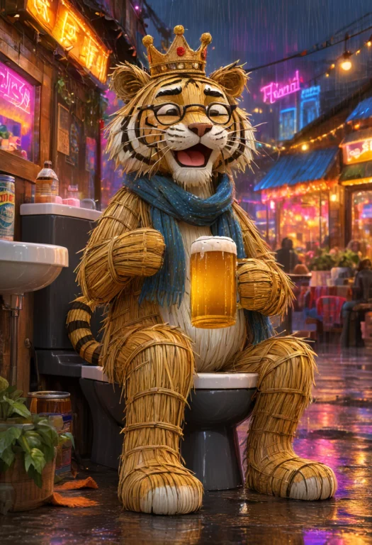 A Tiger, Made Of Straw, Singing, Wearing Round Glasses, Wear...