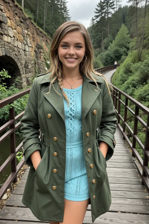 A Young Woman Looks Back While Crossing A Rope Bridge Over A...