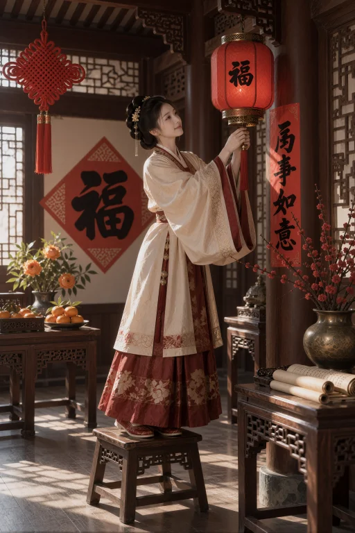 , A Woman In Her Mid-twenties Stands On A Wooden Stool And A...