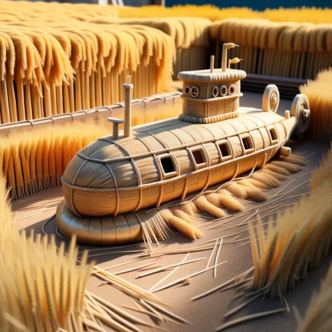 A Highly Detailed Handcrafted Miniature Submarine Built Enti... — SDXL AI Prompt: A highly detailed handcrafted miniature submarine built entirely from dried stra...