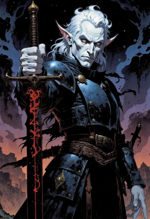 A Comic Book Style Of A Male White Haired Albino Elf King In...
