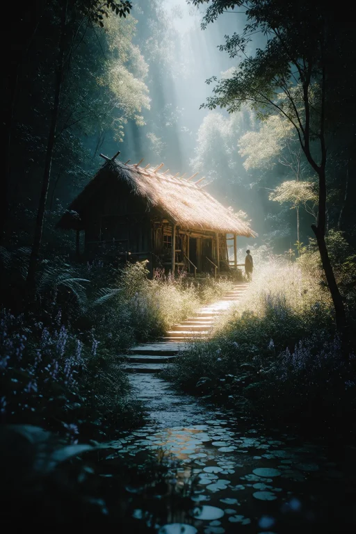 Zidiusart, A Serene Fantasy Concept Art Of A Rustic Wooden C...