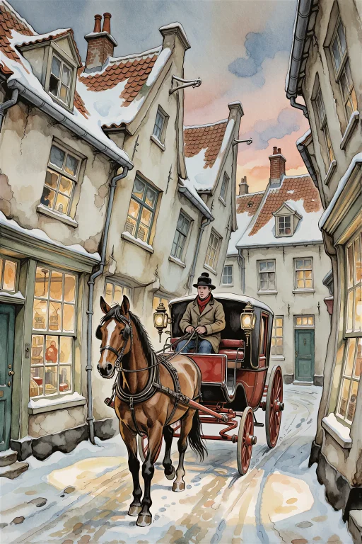 A Horse-drawn Carriage Passes Slowly Through A Narrow Snow-d...