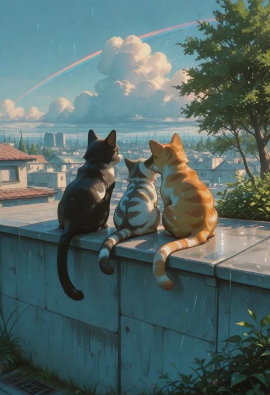 Rain, Rainbow, Multiple Cats, Domestic Cat, Four Cats, Orang...