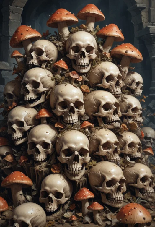 Pile Of Skulls With A Mushrooms Growing From Them In A Dunge...