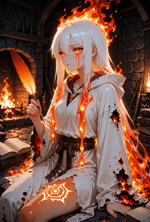 A Fire Elemental Woman With Long, Straight White Hair, Glowi...