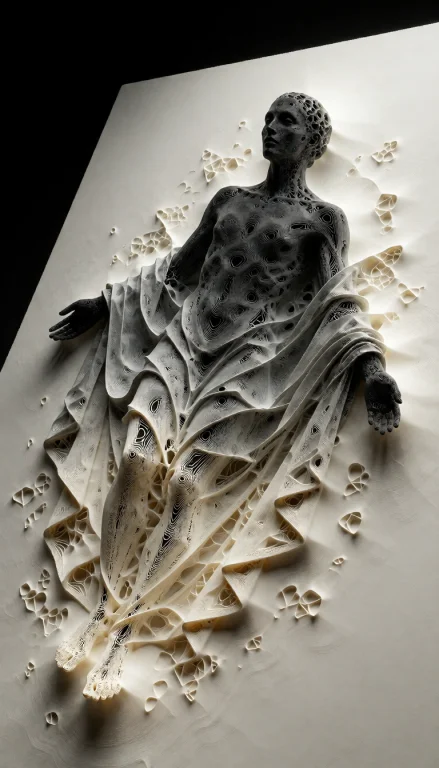 A Sculptural Relief Depicting A Surreal,humanoid Figure Susp...
