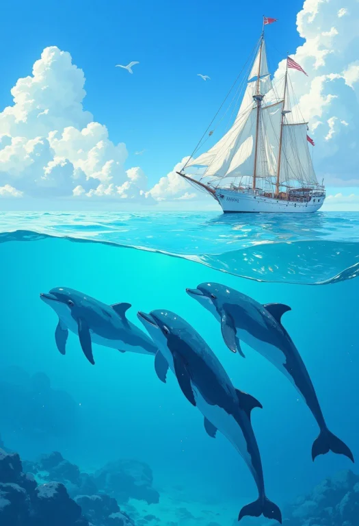 Create A Magical Aerial Photograph Shows A Group Of 2 Dolphi...