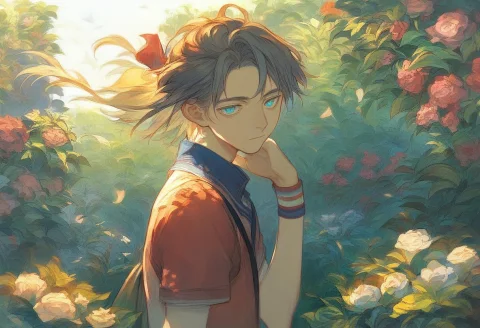 Anime Boy in Garden Prompt — Stable Diffusion AI Prompt: score_9, score_8_up, score_7_up, 1boy, solo, half updo, gentle eyes, wristband,...
