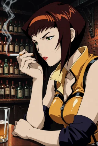 Bebop. This Is A Digital Anime Illustration Of Faye Valentin... — Stable Diffusion AI Prompt: Bebop. This is a digital anime illustration of faye valentine with green eyes, s...
