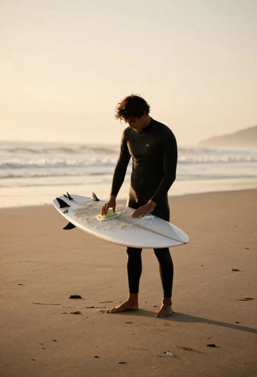 A Surfer Waxing A Board At Dawn On The Sand, Studio Lighting...