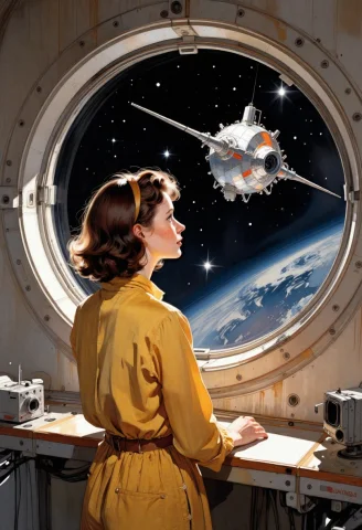 Space Station Art from 1950s — Stable Diffusion AI Prompt: Aboard a space station imagined in 1950, she watches the very first artificial s...