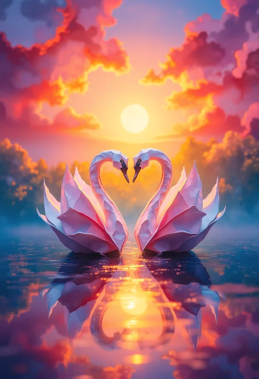 Origami World, Two Paper Swans Forming A Heart On A Lake, A...