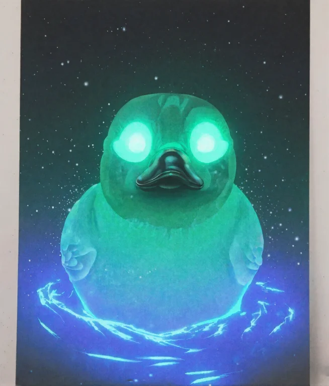 , 80sairbrush, A Glowing Green, Duck-like Figure With Bright...