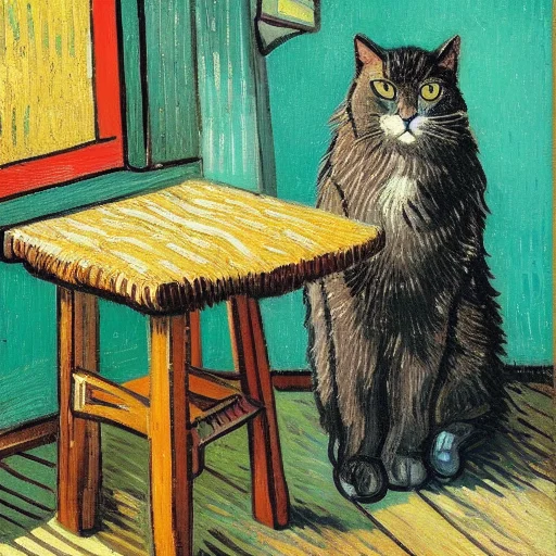 A Fluffy Cat Sitting On A Wooden Chair By A Window, Coffee C...