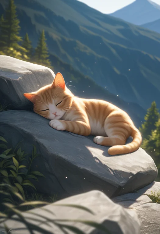 Realistic, Solo, Cat, Cute, Sleeping, Lightparticles, Nature...
