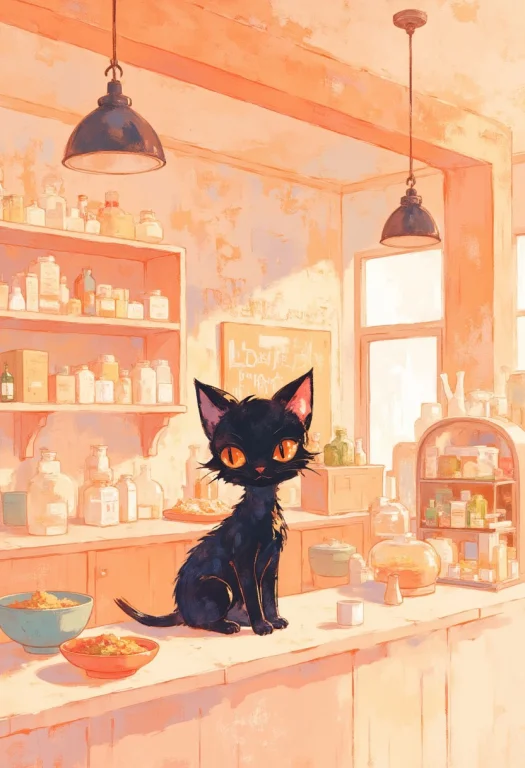 A Little Black Cat On The Counter Of A Noodle Shop,soft Past...