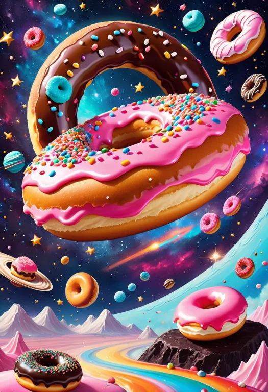 A Whimsical Fantasy Spaceship In A Form Of Donuts, Flying Th...
